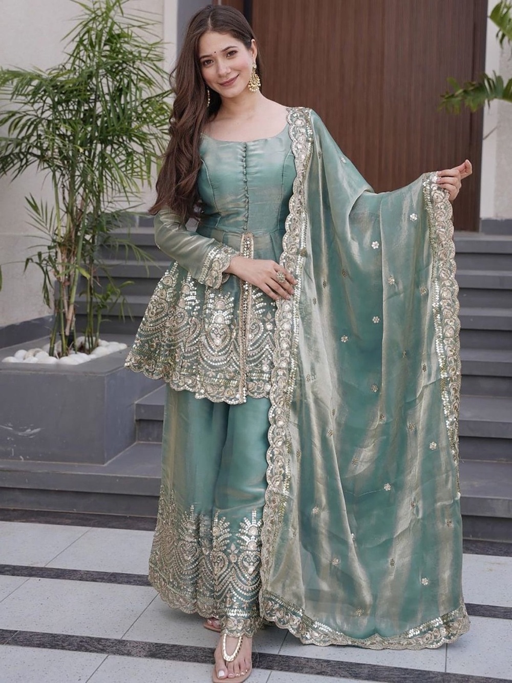 Women’s Indian Silk Designer Mirror  Embroidery Sequin Work Kurta Plazzo set-M - Picture 8 of 12